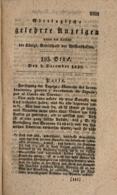 Göttingische gelehrte Anzeigen (Göttingische Zeitungen von gelehrten Sachen) Montag 2. Dezember 1839