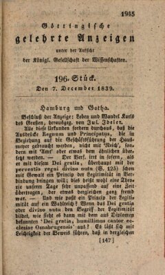 Göttingische gelehrte Anzeigen (Göttingische Zeitungen von gelehrten Sachen) Samstag 7. Dezember 1839