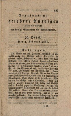 Göttingische gelehrte Anzeigen (Göttingische Zeitungen von gelehrten Sachen) Samstag 1. Februar 1840