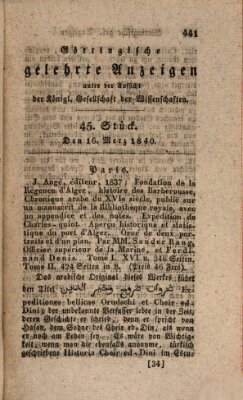 Göttingische gelehrte Anzeigen (Göttingische Zeitungen von gelehrten Sachen) Montag 16. März 1840