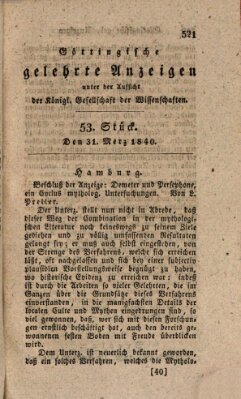 Göttingische gelehrte Anzeigen (Göttingische Zeitungen von gelehrten Sachen) Dienstag 31. März 1840