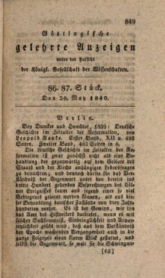 Göttingische gelehrte Anzeigen (Göttingische Zeitungen von gelehrten Sachen) Donnerstag 28. Mai 1840