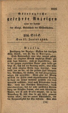 Göttingische gelehrte Anzeigen (Göttingische Zeitungen von gelehrten Sachen) Samstag 27. Juni 1840