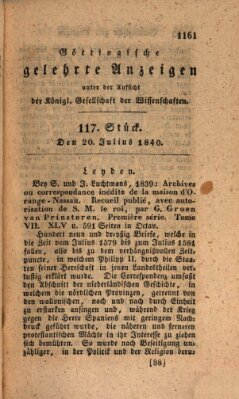 Göttingische gelehrte Anzeigen (Göttingische Zeitungen von gelehrten Sachen) Montag 20. Juli 1840