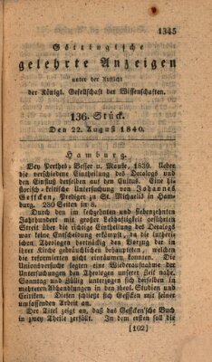 Göttingische gelehrte Anzeigen (Göttingische Zeitungen von gelehrten Sachen) Samstag 22. August 1840