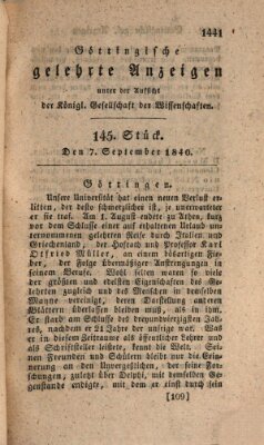 Göttingische gelehrte Anzeigen (Göttingische Zeitungen von gelehrten Sachen) Montag 7. September 1840