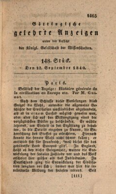 Göttingische gelehrte Anzeigen (Göttingische Zeitungen von gelehrten Sachen) Samstag 12. September 1840