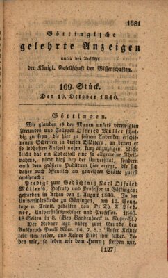 Göttingische gelehrte Anzeigen (Göttingische Zeitungen von gelehrten Sachen) Montag 19. Oktober 1840