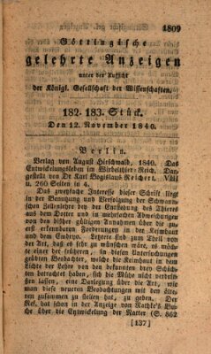 Göttingische gelehrte Anzeigen (Göttingische Zeitungen von gelehrten Sachen) Donnerstag 12. November 1840