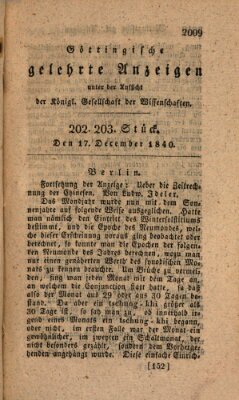 Göttingische gelehrte Anzeigen (Göttingische Zeitungen von gelehrten Sachen) Donnerstag 17. Dezember 1840