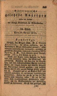 Göttingische gelehrte Anzeigen (Göttingische Zeitungen von gelehrten Sachen) Samstag 10. April 1841