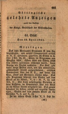 Göttingische gelehrte Anzeigen (Göttingische Zeitungen von gelehrten Sachen) Monday 19. April 1841