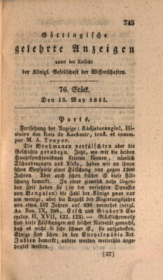 Göttingische gelehrte Anzeigen (Göttingische Zeitungen von gelehrten Sachen) Samstag 15. Mai 1841