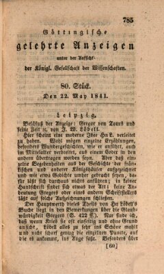 Göttingische gelehrte Anzeigen (Göttingische Zeitungen von gelehrten Sachen) Samstag 22. Mai 1841