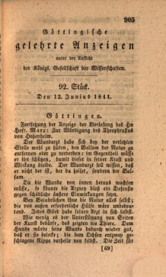 Göttingische gelehrte Anzeigen (Göttingische Zeitungen von gelehrten Sachen) Samstag 12. Juni 1841