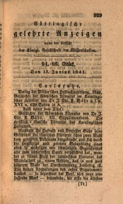 Göttingische gelehrte Anzeigen (Göttingische Zeitungen von gelehrten Sachen) Donnerstag 17. Juni 1841