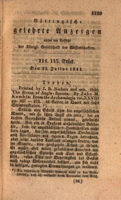 Göttingische gelehrte Anzeigen (Göttingische Zeitungen von gelehrten Sachen) Donnerstag 22. Juli 1841