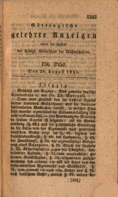 Göttingische gelehrte Anzeigen (Göttingische Zeitungen von gelehrten Sachen) Samstag 28. August 1841