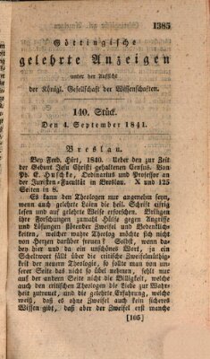 Göttingische gelehrte Anzeigen (Göttingische Zeitungen von gelehrten Sachen) Samstag 4. September 1841