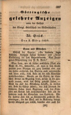 Göttingische gelehrte Anzeigen (Göttingische Zeitungen von gelehrten Sachen) Samstag 2. März 1850