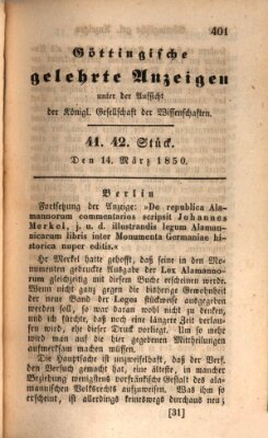 Göttingische gelehrte Anzeigen (Göttingische Zeitungen von gelehrten Sachen) Donnerstag 14. März 1850