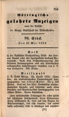 Göttingische gelehrte Anzeigen (Göttingische Zeitungen von gelehrten Sachen) Montag 13. Mai 1850