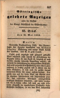 Göttingische gelehrte Anzeigen (Göttingische Zeitungen von gelehrten Sachen) Samstag 25. Mai 1850