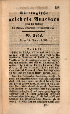 Göttingische gelehrte Anzeigen (Göttingische Zeitungen von gelehrten Sachen) Samstag 15. Juni 1850