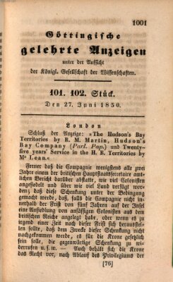 Göttingische gelehrte Anzeigen (Göttingische Zeitungen von gelehrten Sachen) Donnerstag 27. Juni 1850