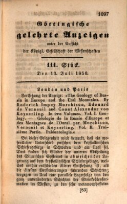 Göttingische gelehrte Anzeigen (Göttingische Zeitungen von gelehrten Sachen) Samstag 13. Juli 1850