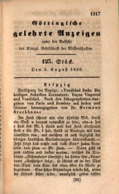 Göttingische gelehrte Anzeigen (Göttingische Zeitungen von gelehrten Sachen) Samstag 3. August 1850