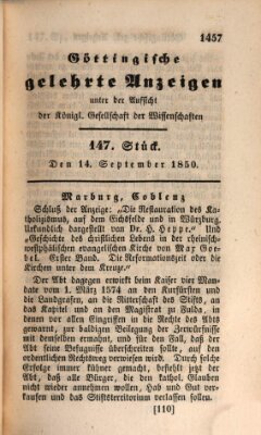 Göttingische gelehrte Anzeigen (Göttingische Zeitungen von gelehrten Sachen) Samstag 14. September 1850