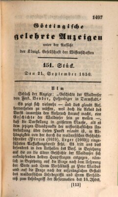 Göttingische gelehrte Anzeigen (Göttingische Zeitungen von gelehrten Sachen) Samstag 21. September 1850