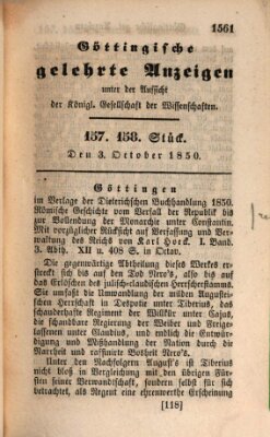 Göttingische gelehrte Anzeigen (Göttingische Zeitungen von gelehrten Sachen) Donnerstag 3. Oktober 1850