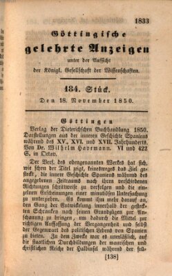 Göttingische gelehrte Anzeigen (Göttingische Zeitungen von gelehrten Sachen) Montag 18. November 1850