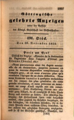 Göttingische gelehrte Anzeigen (Göttingische Zeitungen von gelehrten Sachen) Samstag 30. November 1850