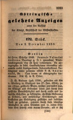 Göttingische gelehrte Anzeigen (Göttingische Zeitungen von gelehrten Sachen) Montag 2. Dezember 1850