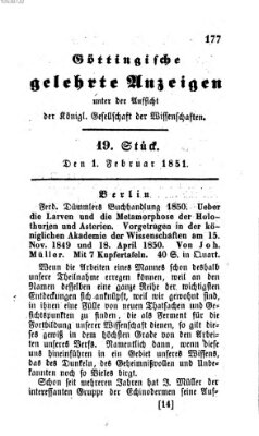 Göttingische gelehrte Anzeigen (Göttingische Zeitungen von gelehrten Sachen) Samstag 1. Februar 1851