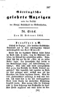 Göttingische gelehrte Anzeigen (Göttingische Zeitungen von gelehrten Sachen) Samstag 22. Februar 1851