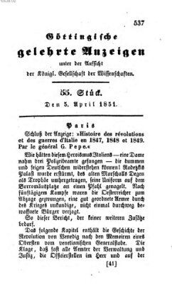 Göttingische gelehrte Anzeigen (Göttingische Zeitungen von gelehrten Sachen) Samstag 5. April 1851