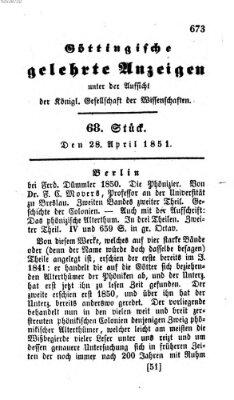 Göttingische gelehrte Anzeigen (Göttingische Zeitungen von gelehrten Sachen) Montag 28. April 1851