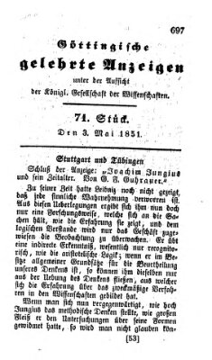 Göttingische gelehrte Anzeigen (Göttingische Zeitungen von gelehrten Sachen) Samstag 3. Mai 1851