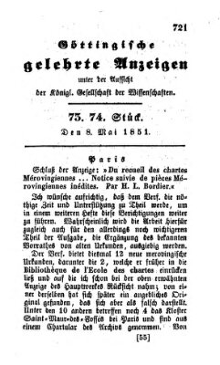 Göttingische gelehrte Anzeigen (Göttingische Zeitungen von gelehrten Sachen) Donnerstag 8. Mai 1851