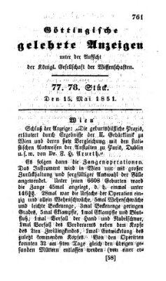 Göttingische gelehrte Anzeigen (Göttingische Zeitungen von gelehrten Sachen) Donnerstag 15. Mai 1851