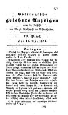 Göttingische gelehrte Anzeigen (Göttingische Zeitungen von gelehrten Sachen) Samstag 17. Mai 1851