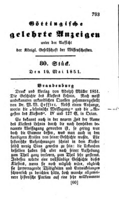 Göttingische gelehrte Anzeigen (Göttingische Zeitungen von gelehrten Sachen) Montag 19. Mai 1851