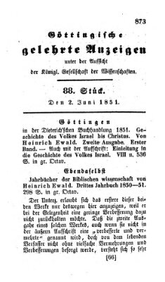 Göttingische gelehrte Anzeigen (Göttingische Zeitungen von gelehrten Sachen) Montag 2. Juni 1851