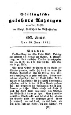 Göttingische gelehrte Anzeigen (Göttingische Zeitungen von gelehrten Sachen) Samstag 28. Juni 1851