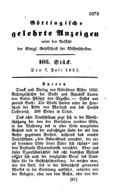 Göttingische gelehrte Anzeigen (Göttingische Zeitungen von gelehrten Sachen) Montag 7. Juli 1851