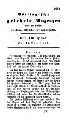 Göttingische gelehrte Anzeigen (Göttingische Zeitungen von gelehrten Sachen) Donnerstag 10. Juli 1851